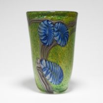 Murano, a large glass vase decorated with blue flowers on green ground, height 30cm.
