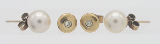 A pair of 18ct gold and small diamond stud earrings together with a pair of freshwater pearl stud