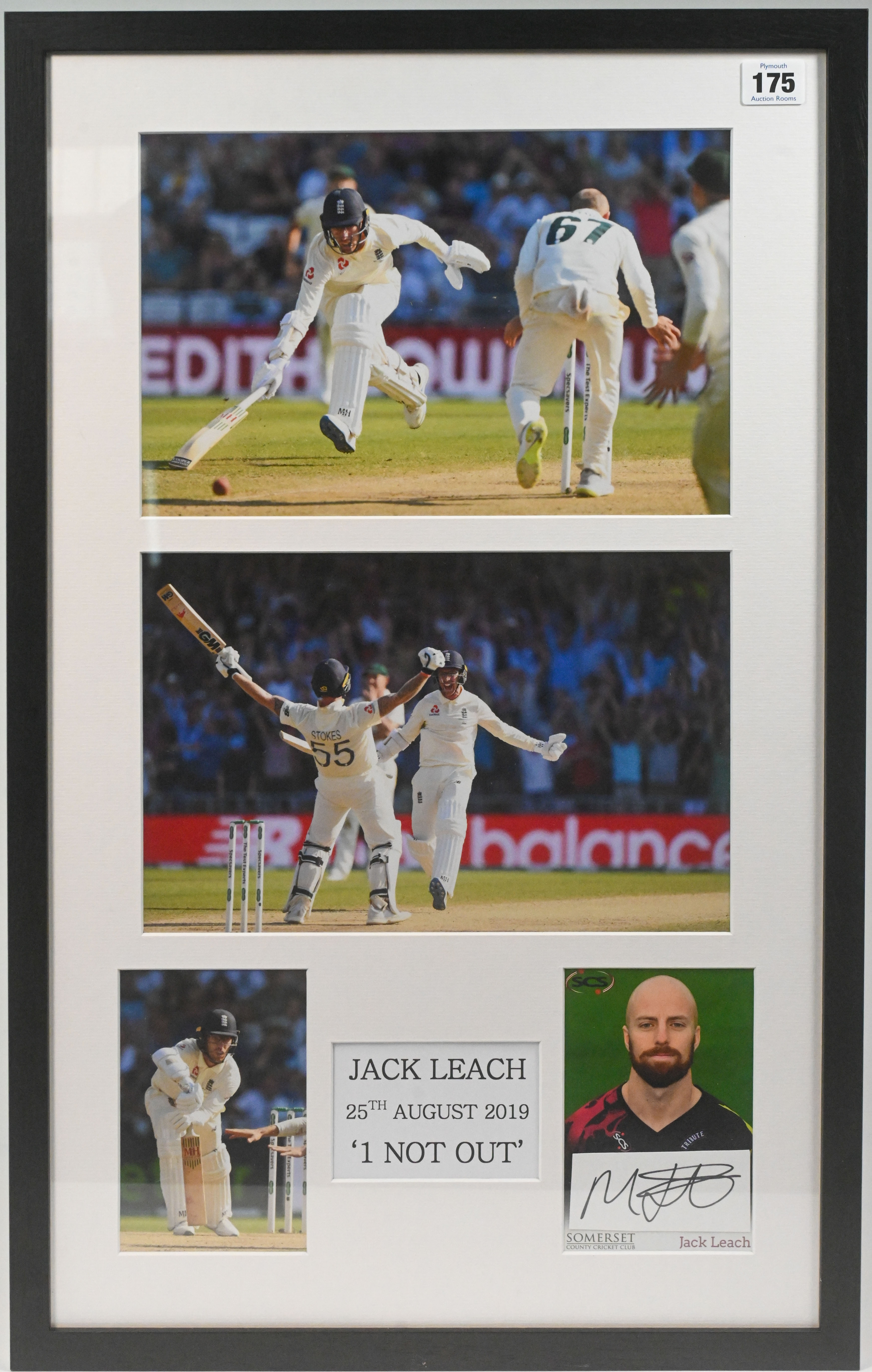 A signed Jack Leach 'I Not Out' presentation piece, with certificate of authenticity, framed,