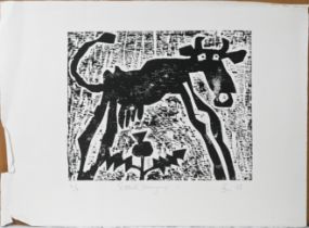 Unknown artist, Scottish Dairying (1988), black and white print of a cow, limited edition, signed