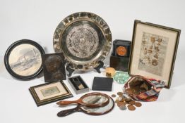 A mixed lot of objects and assorted pictures including oriental silver and coloured plaques, after