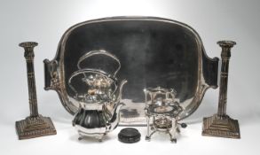 Large silver plated gallery serving tray with pierced gallery, a pair of silver plated cluster