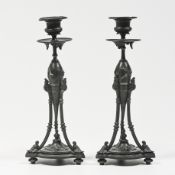 Pair of Victorian bronze ornate candlesticks, Neo classical French sticks on three pedestals,