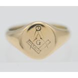 An 18ct yellow gold Masonic ring, approx. 6.3g.