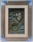 D.A.Scott, mixed media 'Otter with a Rock' signed, mounted and framed, overall size 86cm x 64cm