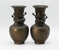 Pair of Chinese bronze vases, height 24cm with dragon decoration in relief.