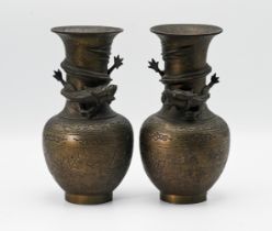 Pair of Chinese bronze vases, height 24cm with dragon decoration in relief.