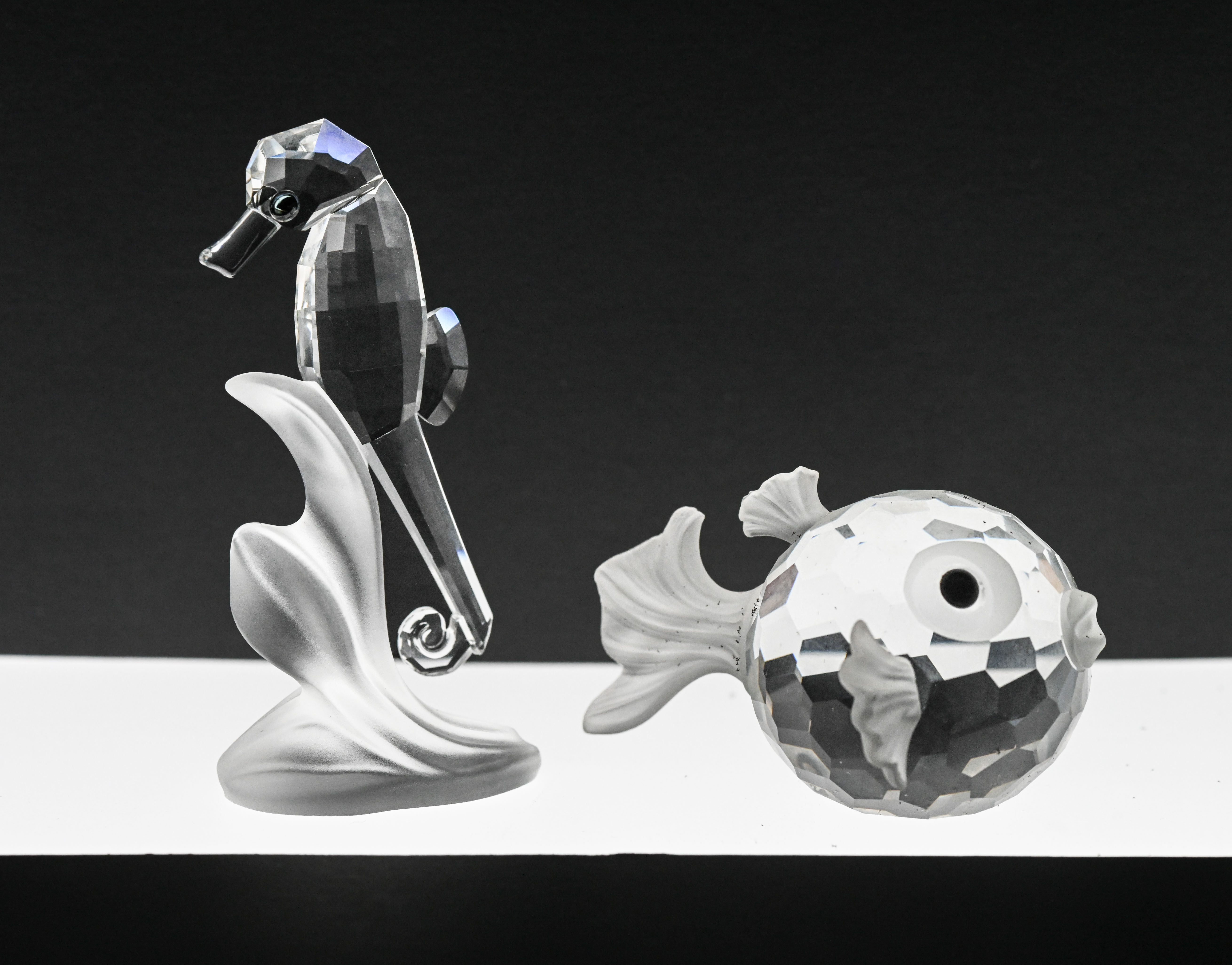 Swarovski Crystal Glass, One Sea Horse and one Large Blowfish, boxed.