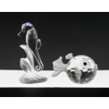 Swarovski Crystal Glass, One Sea Horse and one Large Blowfish, boxed.