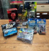 A collection of eight Star Wars figures including Giant Speeder and Theed Palace by Galoob, Darth