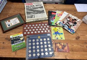 Collection of football memorabilia to include FA cup football centinary medal set, signed
