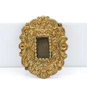 A plaque memorial Victorian gilt brooch, heavily embossed design, centre rectangular memorial