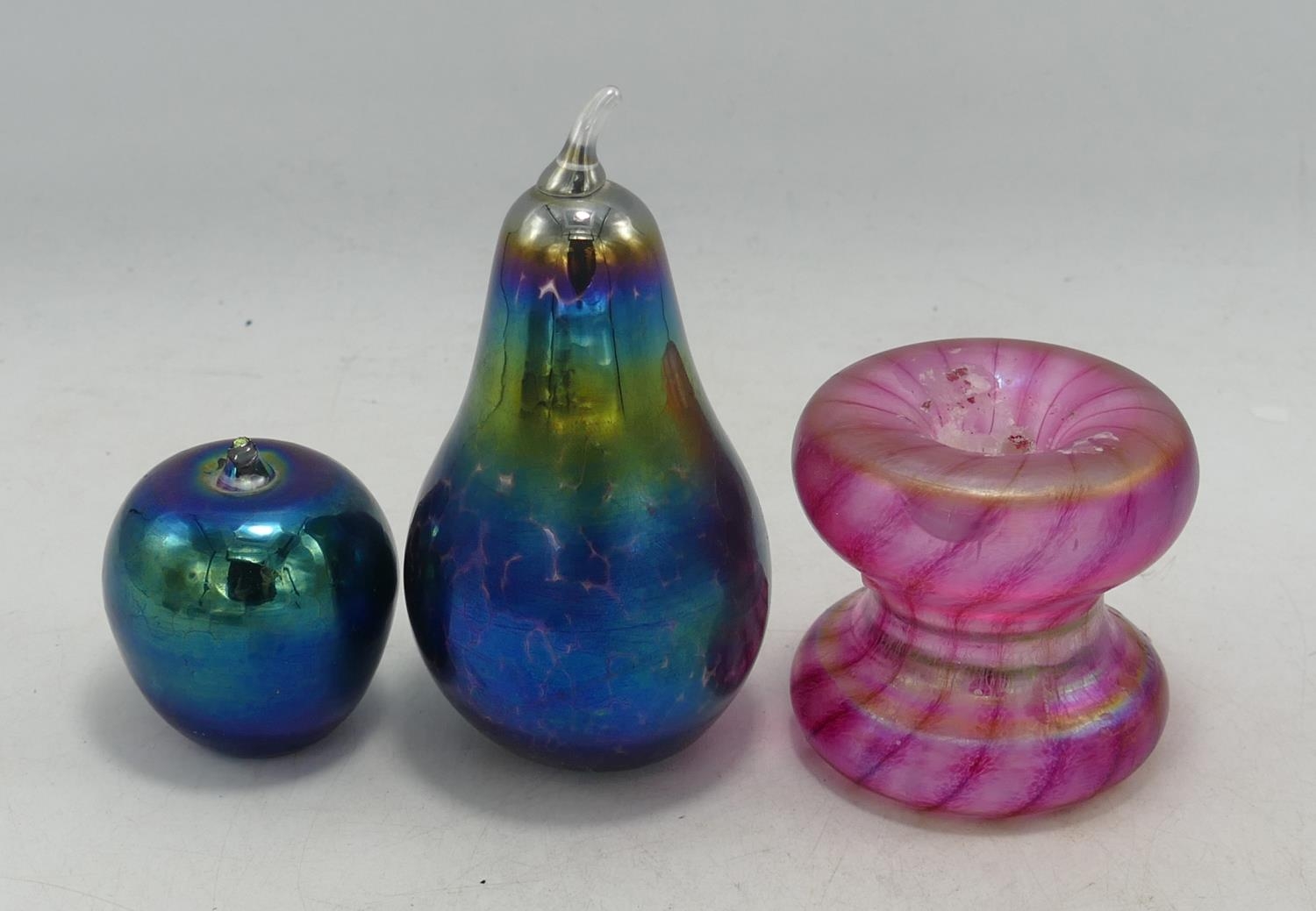 Three John Ditchfield Studio Glass items including iridescent pear, apple & candlestick, tallest