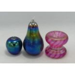 Three John Ditchfield Studio Glass items including iridescent pear, apple & candlestick, tallest