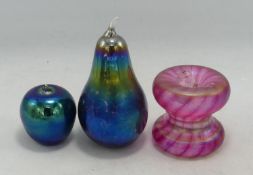 Three John Ditchfield Studio Glass items including iridescent pear, apple & candlestick, tallest