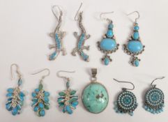 Metal & Turquoise fashion jewellery to include earrings, & pendant