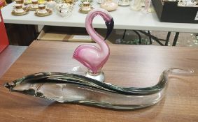 Modern Art Glass Mottled Flamingo & Eel figures, tallest 20cm(2)