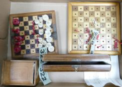 A collection of Antique Wooden Folding Travel Chess Boards and part complete sets, ref 258 & 322