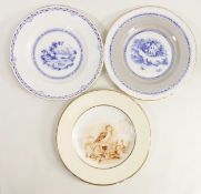Three hand decorated wall plates with images of birds & country scenes, signed J L Evans, each