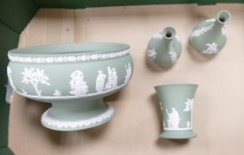 A collection of Sage Green Wedgwood items to include large footed fruit bowl, vases etc