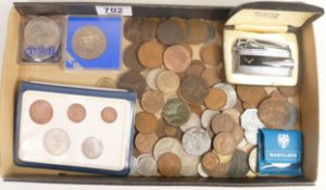 A collection of coins including commemorative coins, early copper coins, medallions, Ronson boxed