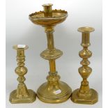 Three Brass No Matching Candlesticks, tallest 32cm (3)
