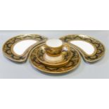 De Lamerie Fine Bone China heavily gilded Black Exotic Garden patterned crescent side plates,