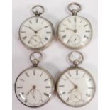 4 x hallmarked silver cased gents pocket watches, all in reasonable order. No keys, so assume not in