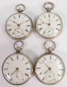 4 x hallmarked silver cased gents pocket watches, all in reasonable order. No keys, so assume not in