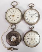 4 x hallmarked silver cased gents pocket watches, all in fair to reasonable order. No keys, so