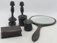 Ebony dressing table set (5 pieces) and 2 ebonised pieces.