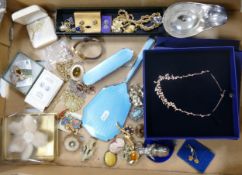 A collection of costume jewellery including Swarovski boxed necklace, earrings, brooches, necklaces,