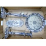 Silver plated items to include pair of decorative candlesticks , wick shears, cocktail tray etc