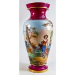Large hand painted vase decorated with continental classical landscape scene. Height 50cm
