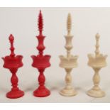 19th Century Bone Hand Turned & Coloured Selenus set, height of king 9cm