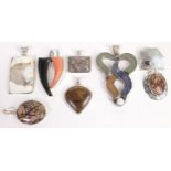 A collection of Silver Mounted Stone Pendants, largest 7cm(7)