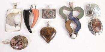 A collection of Silver Mounted Stone Pendants, largest 7cm(7)