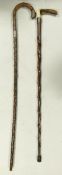 Antique Gnarled Root wood Sticks with silver mounts & one with antler horn handle, length 92cm(2)