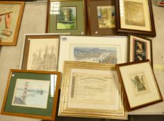 A collection of framed items including watercolours, Bond certificate, landscapes etc (9)