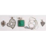 Five sterling silver pendants (one set malachite) and a nice quality silver chain, total gross
