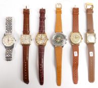 6 x vintage gents watches including; Tunis Datomatic chronograph, Montine Automatic, Maruxa