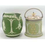 Wedgwood Tri Colour 19th Century Tea Caddy & Dark Green Relief decorated jug, tallest 17cm(2)