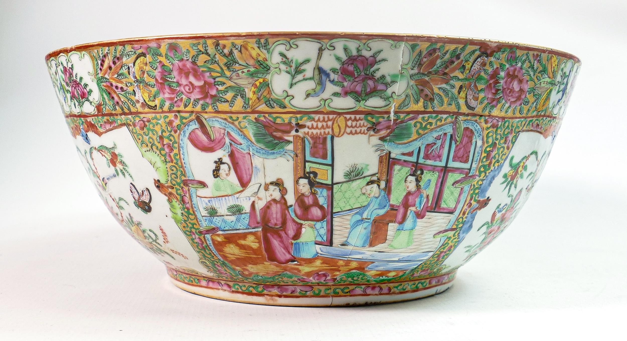 Early 19th century Chinese Canton enamelled punch bowl, decorated with court scenes, foliage & - Image 3 of 5
