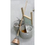 A collection of vintage items including Mop Buckets, Plunger , tongs, wash board