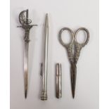 A collection of Silver items including Eversharp Silver propelling pencil, pair silver handled