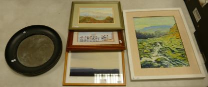 A collection of framed mixed media art works including Watercolour & oil landscapes, signed