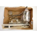 A collection of Silverware, including Silver handled vanity set, Silver-plated coffee pot and