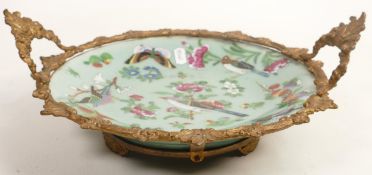 Chinese Rose Canton Green Celadon Glazed Plate with Butterfly & Flowers with metal handled mount,