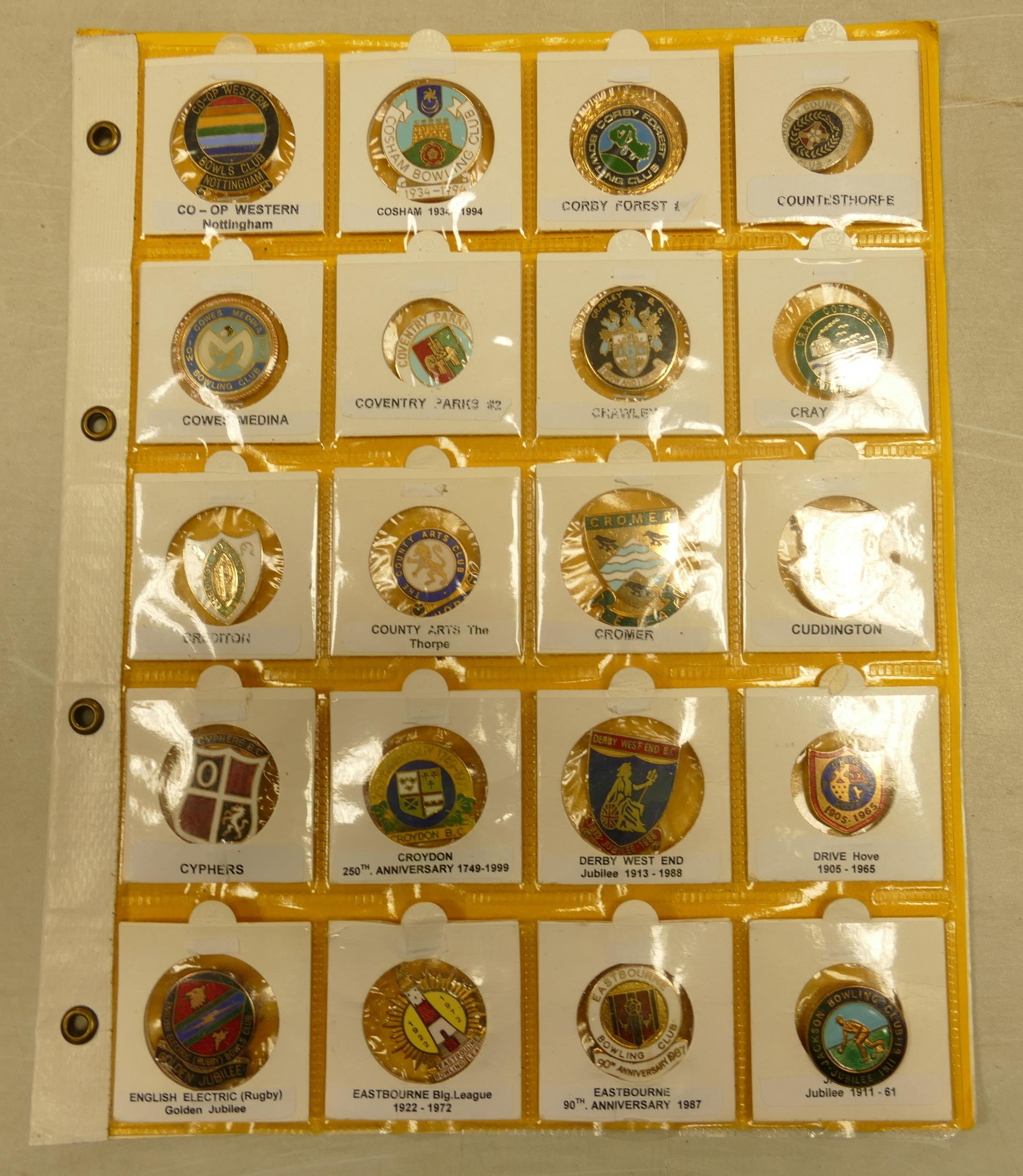 English Bowling club enamel badges x 20 on one page. This is one lot of 15 similar lots offered by