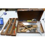 Woodworking toolbox & tools including yankee's , chisels, saws, spanners etc